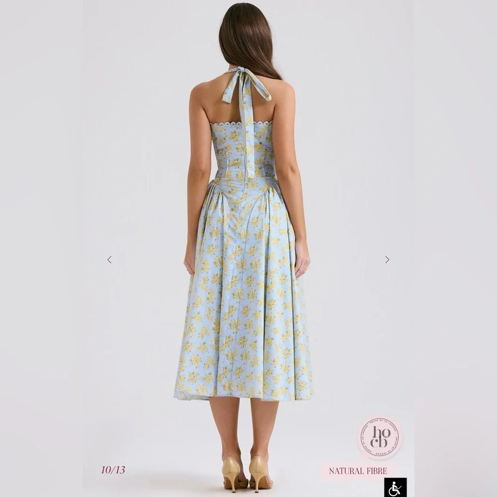 House of cb ADABELLA Blue Floral Print Cotton Halter Sundress XS bigger cup - Picture 3 of 6